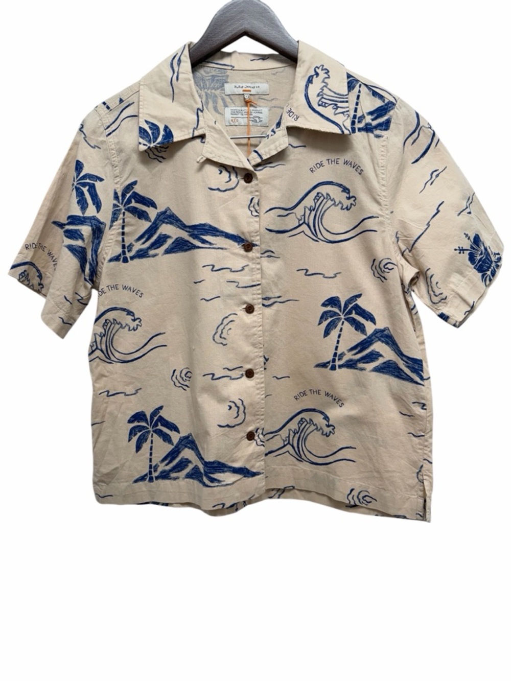 Nudie Jeans Moa Waves Hawaii Short Sleeve Shirt Ecru Size Small